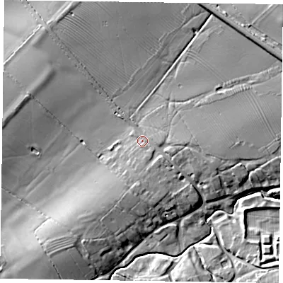 Shaded relief map of the ground around LE168LJ, computed from Environment Agency LiDAR. The ground here sits at about 100 m above sea level and falls 16 m across the surrounding 800 m. Surface water reaching this point runs off ground lying to the south-east, 3.4 m higher.