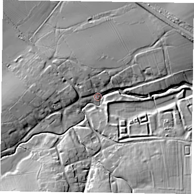 Shaded relief map of the ground around LE168LR, computed from Environment Agency LiDAR. The ground here sits at about 97 m above sea level and falls 19 m across the surrounding 800 m. Surface water reaching this point runs off ground lying to the north-east, 14.5 m higher.