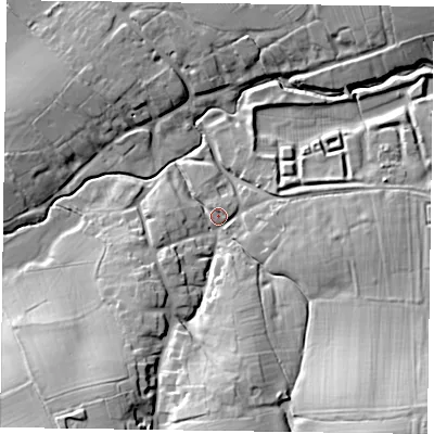 Shaded relief map of the ground around LE168LS, computed from Environment Agency LiDAR. The ground here sits at about 99 m above sea level and falls 32 m across the surrounding 800 m. Surface water reaching this point runs off ground lying to the south-east, 27.6 m higher.