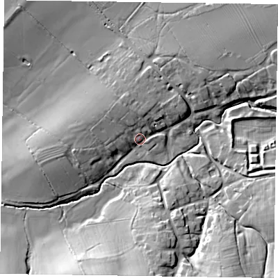 Shaded relief map of the ground around LE168LW, computed from Environment Agency LiDAR. The ground here sits at about 98 m above sea level and falls 18 m across the surrounding 800 m. Surface water reaching this point runs off ground lying to the north-west, 6.0 m higher.