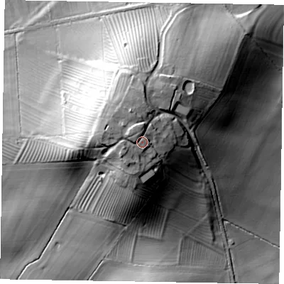 Shaded relief map of the ground around LE168RJ, computed from Environment Agency LiDAR. The ground here sits at about 93 m above sea level and falls 39 m across the surrounding 800 m. Surface water reaching this point runs off ground lying to the west-north-west, 3.2 m higher.