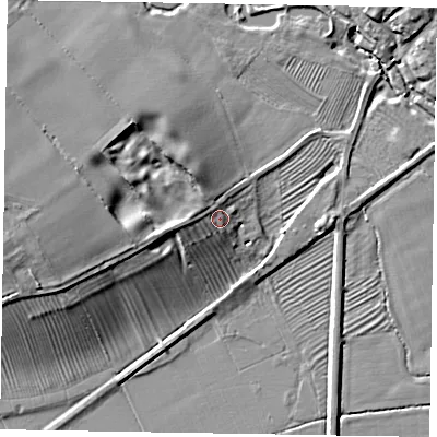 Shaded relief map of the ground around LE168RP, computed from Environment Agency LiDAR. The ground here sits at about 55 m above sea level and falls 12 m across the surrounding 800 m. Surface water reaching this point runs off ground lying to the west, 2.8 m higher.