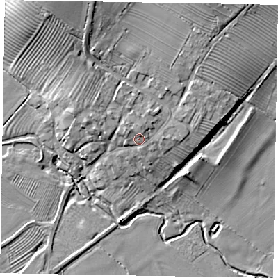 Shaded relief map of the ground around LE168RS, computed from Environment Agency LiDAR. The ground here sits at about 57 m above sea level and falls 17 m across the surrounding 800 m. Surface water reaching this point runs off ground lying to the north-north-east, 2.6 m higher.