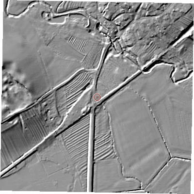 Shaded relief map of the ground around LE168RT, computed from Environment Agency LiDAR. The ground here sits at about 52 m above sea level and falls 11 m across the surrounding 800 m. Surface water reaching this point runs off ground lying to the south-south-west, 1.5 m higher.