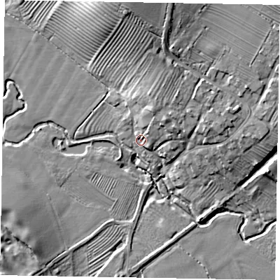 Shaded relief map of the ground around LE168RU, computed from Environment Agency LiDAR. The ground here sits at about 53 m above sea level and falls 17 m across the surrounding 800 m. Surface water reaching this point runs off ground lying to the north-north-east, 7.9 m higher.