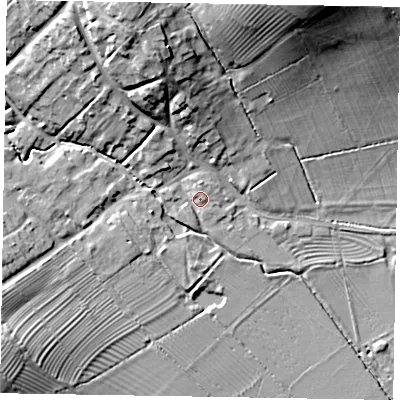 Shaded relief map of the ground around LE168SF, computed from Environment Agency LiDAR. The ground here sits at about 56 m above sea level and falls 26 m across the surrounding 800 m. Surface water reaching this point runs off ground lying to the north-north-west, 17.7 m higher.