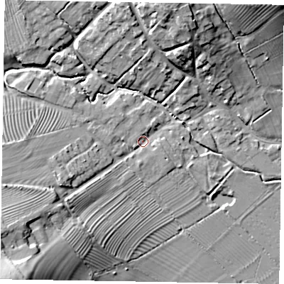 Shaded relief map of the ground around LE168SG, computed from Environment Agency LiDAR. The ground here sits at about 55 m above sea level and falls 28 m across the surrounding 800 m. Surface water reaching this point runs off ground lying to the west-south-west, 17.7 m higher.