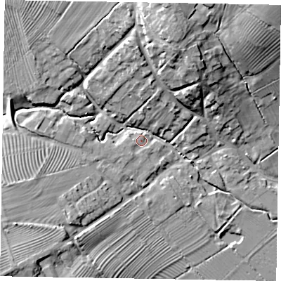 Shaded relief map of the ground around LE168SJ, computed from Environment Agency LiDAR. The ground here sits at about 57 m above sea level and falls 29 m across the surrounding 800 m. Surface water reaching this point runs off ground lying to the south-west, 20.9 m higher.