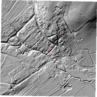 Shaded relief map of the ground around LE168SL, computed from Environment Agency LiDAR. The ground here sits at about 58 m above sea level and falls 35 m across the surrounding 800 m. Surface water reaching this point runs off ground lying to the north, 4.6 m higher.