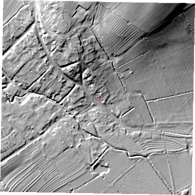 Shaded relief map of the ground around LE168SR, computed from Environment Agency LiDAR. The ground here sits at about 57 m above sea level and falls 34 m across the surrounding 800 m. Surface water reaching this point runs off ground lying to the north, 7.4 m higher.