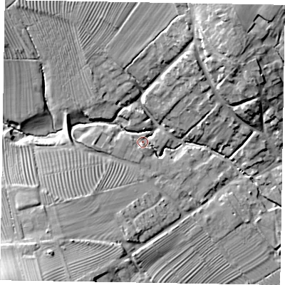 Shaded relief map of the ground around LE168SU, computed from Environment Agency LiDAR. The ground here sits at about 57 m above sea level and falls 24 m across the surrounding 800 m. Surface water reaching this point runs off ground lying to the west-south-west, 4.3 m higher.