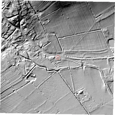 Shaded relief map of the ground around LE168TB, computed from Environment Agency LiDAR. The ground here sits at about 54 m above sea level and falls 22 m across the surrounding 800 m. Surface water reaching this point runs off ground lying to the north, 18.1 m higher.