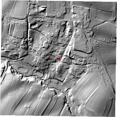 Shaded relief map of the ground around LE168UB, computed from Environment Agency LiDAR. The ground here sits at about 100 m above sea level and falls 39 m across the surrounding 800 m. Surface water reaching this point runs off ground lying to the north-north-east, 21.0 m higher.