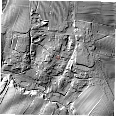 Shaded relief map of the ground around LE168UD, computed from Environment Agency LiDAR. The ground here sits at about 105 m above sea level and falls 41 m across the surrounding 800 m. Surface water reaching this point runs off ground lying to the north-north-east, 11.7 m higher.