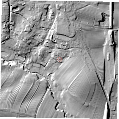 Shaded relief map of the ground around LE168UL, computed from Environment Agency LiDAR. The ground here sits at about 98 m above sea level and falls 36 m across the surrounding 800 m. Surface water reaching this point runs off ground lying to the north-north-east, 8.8 m higher.