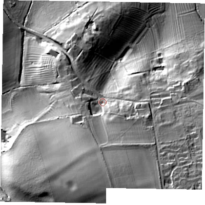 Shaded relief map of the ground around LE168YA, computed from Environment Agency LiDAR. The ground here sits at about 99 m above sea level and falls 53 m across the surrounding 800 m. Surface water reaching this point runs off ground lying to the south-south-east, 25.6 m higher.
