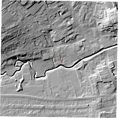 Shaded relief map of the ground around LE169BL, computed from Environment Agency LiDAR. The ground here sits at about 78 m above sea level and falls 18 m across the surrounding 800 m. Surface water reaching this point runs off ground lying to the north-west, 1.8 m higher.