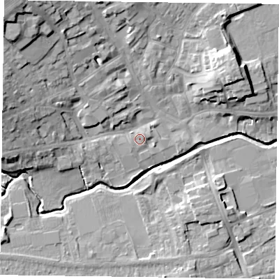 Shaded relief map of the ground around LE169BP, computed from Environment Agency LiDAR. The ground here sits at about 78 m above sea level and falls 18 m across the surrounding 800 m. Surface water reaching this point runs off ground lying to the south-west, 1.4 m higher.