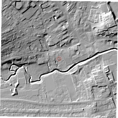 Shaded relief map of the ground around LE169BT, computed from Environment Agency LiDAR. The ground here sits at about 78 m above sea level and falls 17 m across the surrounding 800 m. Surface water reaching this point runs off ground lying to the north-west, 1.1 m higher.