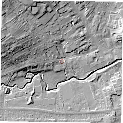 Shaded relief map of the ground around LE169BX, computed from Environment Agency LiDAR. The ground here sits at about 79 m above sea level and falls 20 m across the surrounding 800 m. Surface water reaching this point runs off ground lying to the west-north-west, 12.8 m higher.