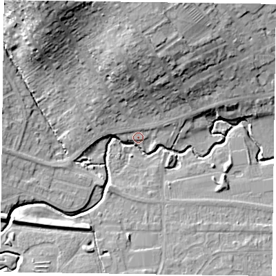 Shaded relief map of the ground around LE169BY, computed from Environment Agency LiDAR. The ground here sits at about 80 m above sea level and falls 25 m across the surrounding 800 m. Surface water reaching this point runs off ground lying to the north-north-west, 23.3 m higher.