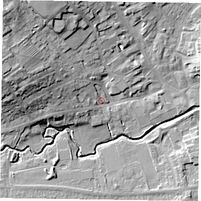 Shaded relief map of the ground around LE169BZ, computed from Environment Agency LiDAR. The ground here sits at about 80 m above sea level and falls 20 m across the surrounding 800 m. Surface water reaching this point runs off ground lying to the west-north-west, 12.7 m higher.