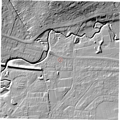 Shaded relief map of the ground around LE169DP, computed from Environment Agency LiDAR. The ground here sits at about 80 m above sea level and falls 14 m across the surrounding 800 m. Surface water reaching this point runs off ground lying to the west-south-west, 3.7 m higher.
