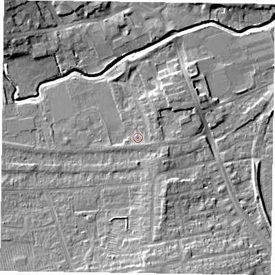 Shaded relief map of the ground around LE169DR, computed from Environment Agency LiDAR. The ground here sits at about 79 m above sea level and falls 11 m across the surrounding 800 m. Surface water reaching this point runs off ground lying to the south-east, 1.5 m higher.