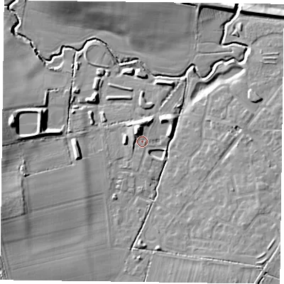 Shaded relief map of the ground around LE169FX, computed from Environment Agency LiDAR. The ground here sits at about 84 m above sea level and falls 19 m across the surrounding 800 m. Surface water reaching this point runs off ground lying to the north-north-west, 4.8 m higher.