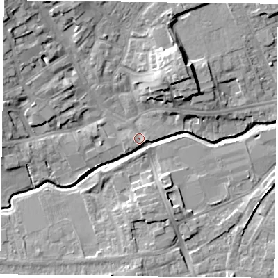 Shaded relief map of the ground around LE169HB, computed from Environment Agency LiDAR. The ground here sits at about 77 m above sea level and falls 13 m across the surrounding 800 m. Surface water reaching this point runs off ground lying to the west-south-west, 1.2 m higher.
