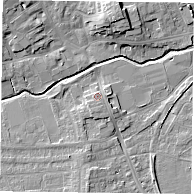 Shaded relief map of the ground around LE169HE, computed from Environment Agency LiDAR. The ground here sits at about 80 m above sea level and falls 13 m across the surrounding 800 m. Surface water reaching this point runs off ground lying to the south, 1.9 m higher.