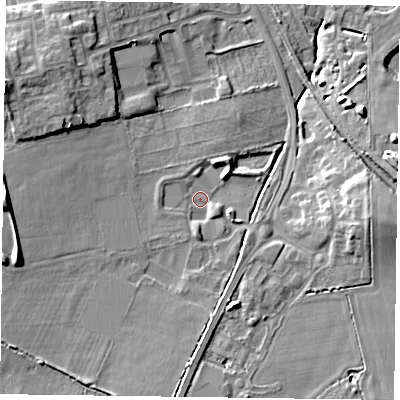 Shaded relief map of the ground around LE169HF, computed from Environment Agency LiDAR. The ground here sits at about 84 m above sea level and falls 15 m across the surrounding 800 m. Surface water reaching this point runs off ground lying to the south-west, 6.9 m higher.