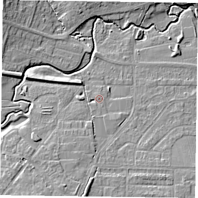 Shaded relief map of the ground around LE169QE, computed from Environment Agency LiDAR. The ground here sits at about 81 m above sea level and falls 11 m across the surrounding 800 m. Surface water reaching this point runs off ground lying to the south-south-west, 2.0 m higher.