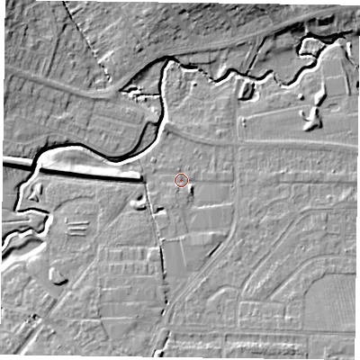 Shaded relief map of the ground around LE169QZ, computed from Environment Agency LiDAR. The ground here sits at about 80 m above sea level and falls 11 m across the surrounding 800 m. Surface water reaching this point runs off ground lying to the west, 3.6 m higher.