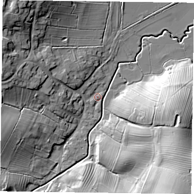 Shaded relief map of the ground around LE169RJ, computed from Environment Agency LiDAR. The ground here sits at about 126 m above sea level and falls 30 m across the surrounding 800 m. Surface water reaching this point runs off ground lying to the south-east, 27.8 m higher.