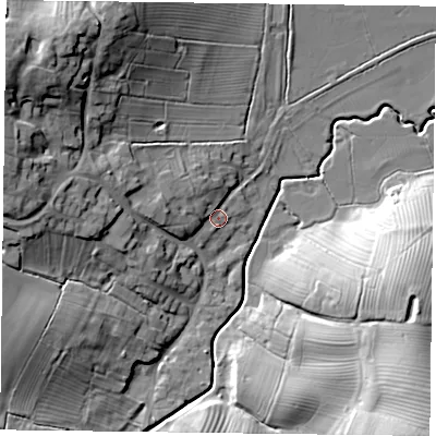 Shaded relief map of the ground around LE169RW, computed from Environment Agency LiDAR. The ground here sits at about 127 m above sea level and falls 29 m across the surrounding 800 m. Surface water reaching this point runs off ground lying to the west-north-west, 5.8 m higher.