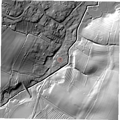 Shaded relief map of the ground around LE169RX, computed from Environment Agency LiDAR. The ground here sits at about 126 m above sea level and falls 29 m across the surrounding 800 m. Surface water reaching this point runs off ground lying to the south-south-east, 0.6 m higher.