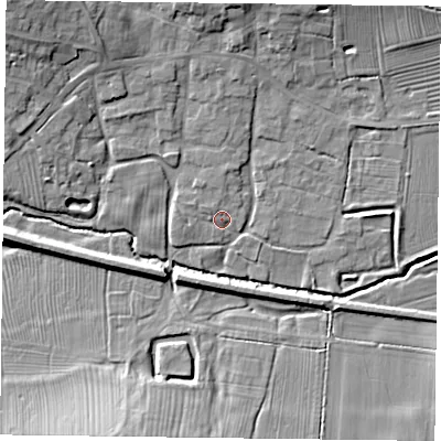 Shaded relief map of the ground around LE169TA, computed from Environment Agency LiDAR. The ground here sits at about 86 m above sea level and falls 14 m across the surrounding 800 m. Surface water reaching this point runs off ground lying to the west-north-west, 1.7 m higher.