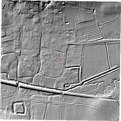 Shaded relief map of the ground around LE169TJ, computed from Environment Agency LiDAR. The ground here sits at about 85 m above sea level and falls 18 m across the surrounding 800 m. Surface water reaching this point runs off ground lying to the west-north-west, 1.2 m higher.