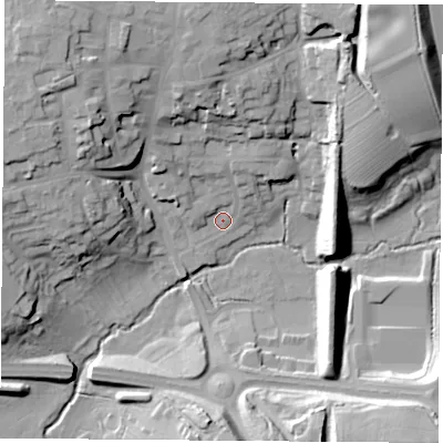 Shaded relief map of the ground around LE174BP, computed from Environment Agency LiDAR. The ground here sits at about 108 m above sea level and falls 23 m across the surrounding 800 m. Surface water reaching this point runs off ground lying to the north-west, 19.7 m higher.