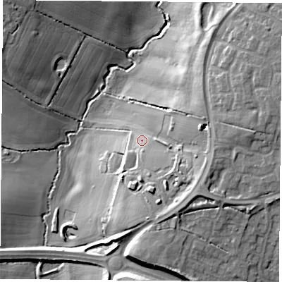 Shaded relief map of the ground around LE174DN, computed from Environment Agency LiDAR. The ground here sits at about 115 m above sea level and falls 20 m across the surrounding 800 m. Surface water reaching this point runs off ground lying to the south-south-east, 6.1 m higher.