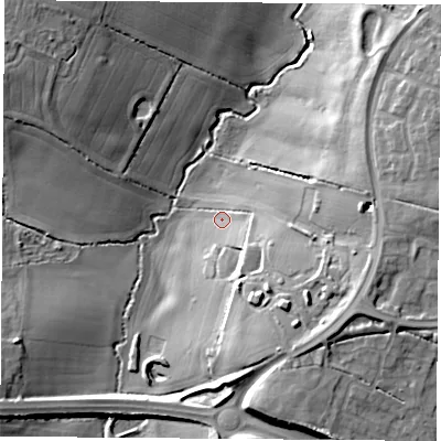 Shaded relief map of the ground around LE174FX, computed from Environment Agency LiDAR. The ground here sits at about 110 m above sea level and falls 20 m across the surrounding 800 m. Surface water reaching this point runs off ground lying to the south-east, 11.3 m higher.
