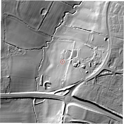 Shaded relief map of the ground around LE174GD, computed from Environment Agency LiDAR. The ground here sits at about 112 m above sea level and falls 20 m across the surrounding 800 m. Surface water reaching this point runs off ground lying to the east, 13.9 m higher.