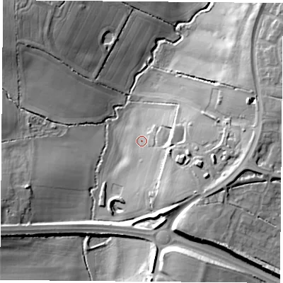 Shaded relief map of the ground around LE174HQ, computed from Environment Agency LiDAR. The ground here sits at about 110 m above sea level and falls 20 m across the surrounding 800 m. Surface water reaching this point runs off ground lying to the east-south-east, 9.1 m higher.
