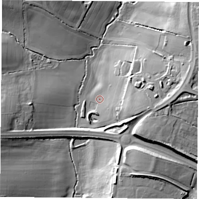 Shaded relief map of the ground around LE174JQ, computed from Environment Agency LiDAR. The ground here sits at about 108 m above sea level and falls 21 m across the surrounding 800 m. Surface water reaching this point runs off ground lying to the east, 17.3 m higher.