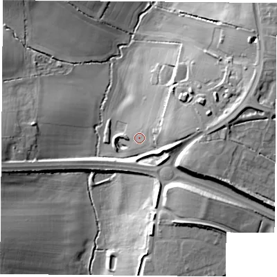 Shaded relief map of the ground around LE174XS, computed from Environment Agency LiDAR. The ground here sits at about 110 m above sea level and falls 21 m across the surrounding 800 m. Surface water reaching this point runs off ground lying to the east, 11.6 m higher.