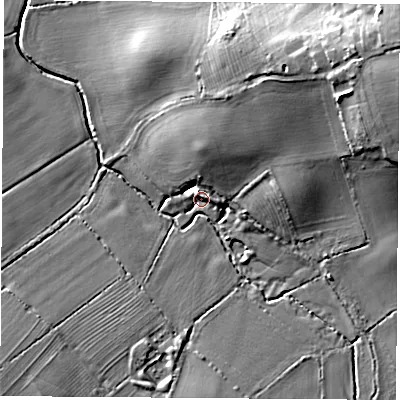 Shaded relief map of the ground around LE175DB, computed from Environment Agency LiDAR. The ground here sits at about 90 m above sea level and falls 26 m across the surrounding 800 m. Surface water reaching this point runs off ground lying to the north-north-east, 8.1 m higher.
