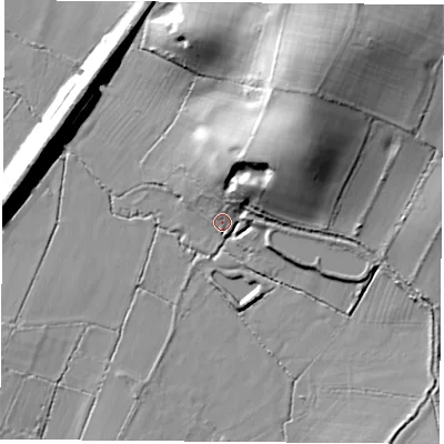 Shaded relief map of the ground around LE175EY, computed from Environment Agency LiDAR. The ground here sits at about 93 m above sea level and falls 33 m across the surrounding 800 m. Surface water reaching this point runs off ground lying to the north-east, 29.5 m higher.