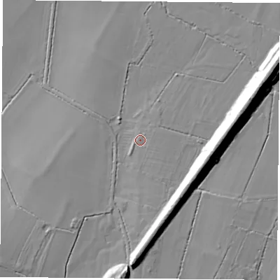 Shaded relief map of the ground around LE175FN, computed from Environment Agency LiDAR. The ground here sits at about 93 m above sea level and falls 18 m across the surrounding 800 m. Surface water reaching this point runs off ground lying to the south-south-east, 2.4 m higher.