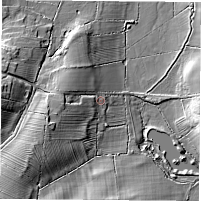 Shaded relief map of the ground around LE175HQ, computed from Environment Agency LiDAR. The ground here sits at about 103 m above sea level and falls 27 m across the surrounding 800 m. Surface water reaching this point runs off ground lying to the west-south-west, 8.6 m higher.
